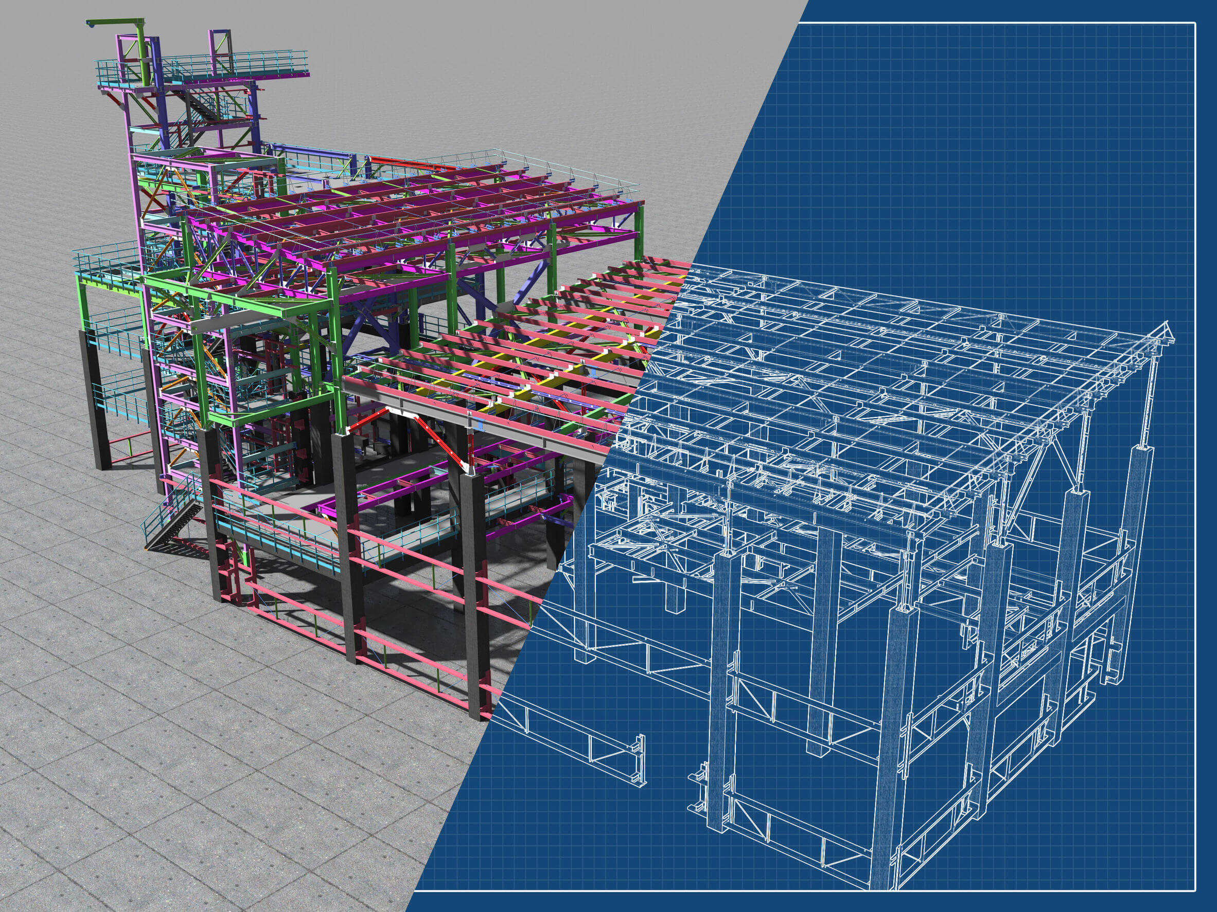 BIM model of a building made of metal construction, metal structure. 3D architectural, construction, industrial and engineering background. 3D rendering. Drawing blueprint.