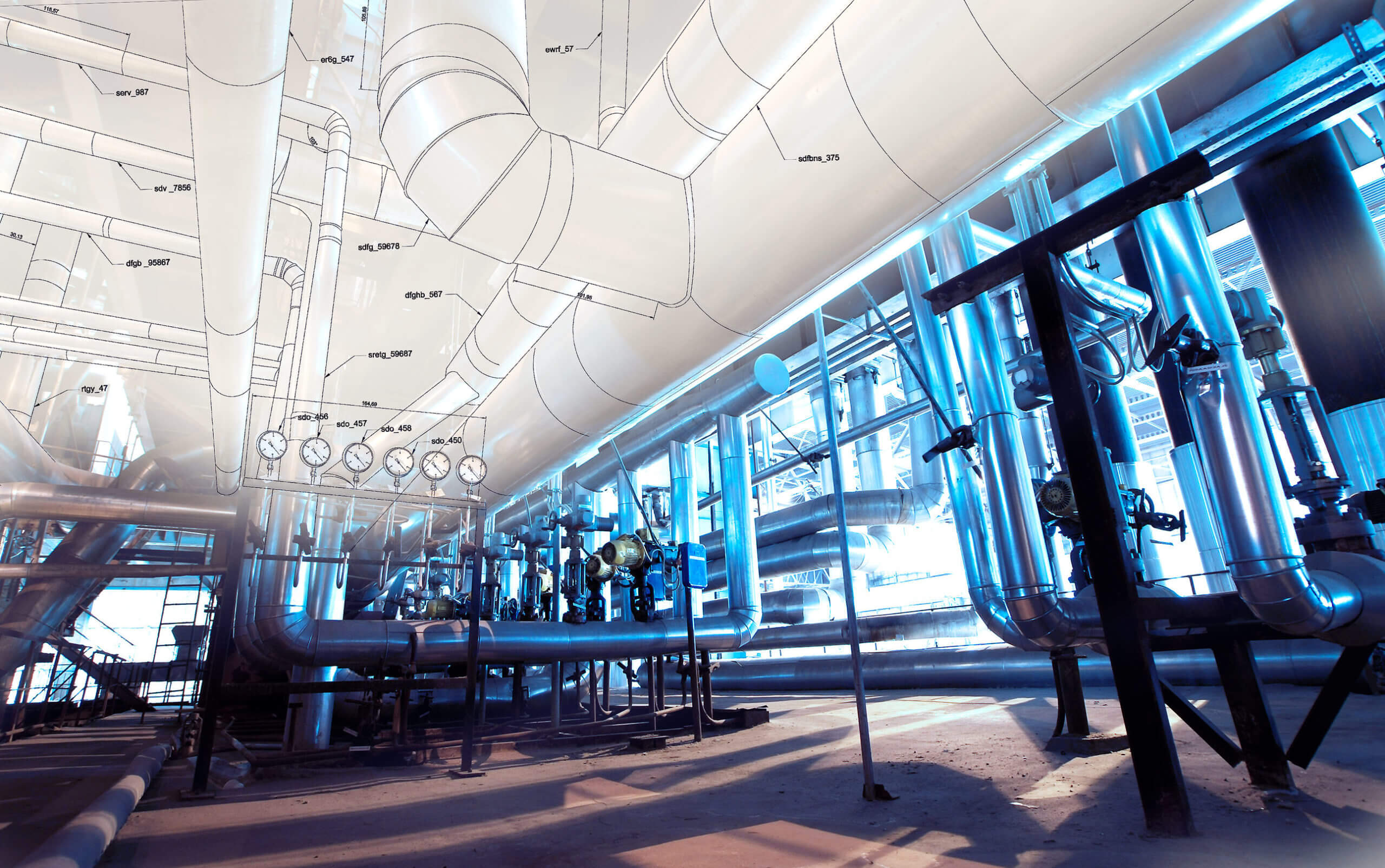 Sketch of Equipment, cables and piping as found inside of a modern industrial power plant