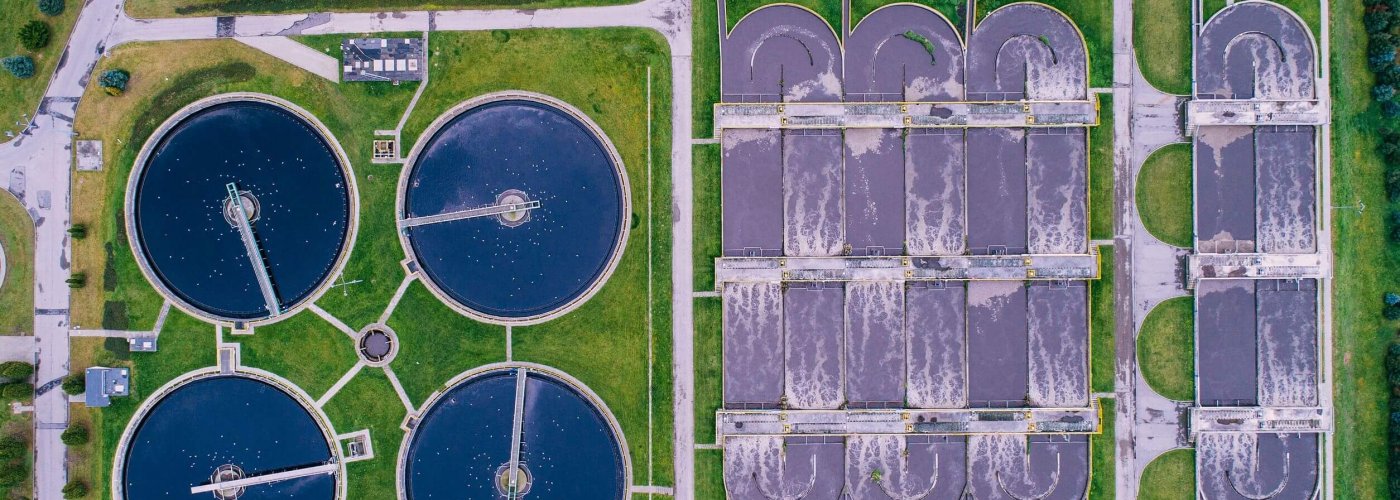 Aerial drone view on modern sewage treatment plant